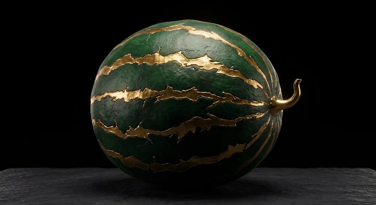 A luxury watermelon with a matte dark-green rind crossed by jagged, polished gold veins in kintsugi style, a curved solid-gold stem, resting on a dark slate ledge against a black void.